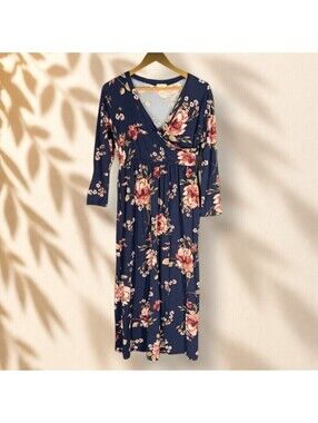 Sweet Lovely Dress Women L Large Blue Floral Maxi Long V-Neck Long Sleeve Casual